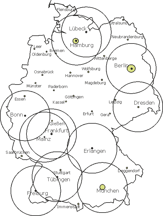 Deutschlandkarte mit Standorten von Nachsorgesprechstunden, die jeweils einen 100km Umkreis eingezeichnet haben.