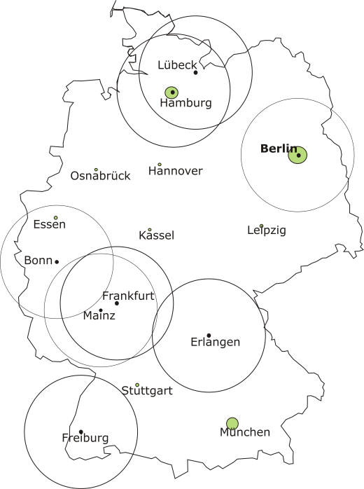 Deutschlandkarte mit Standorten von Nachsorgesprechstunden, die jeweils einen 100km Umkreis eingezeichnet haben.